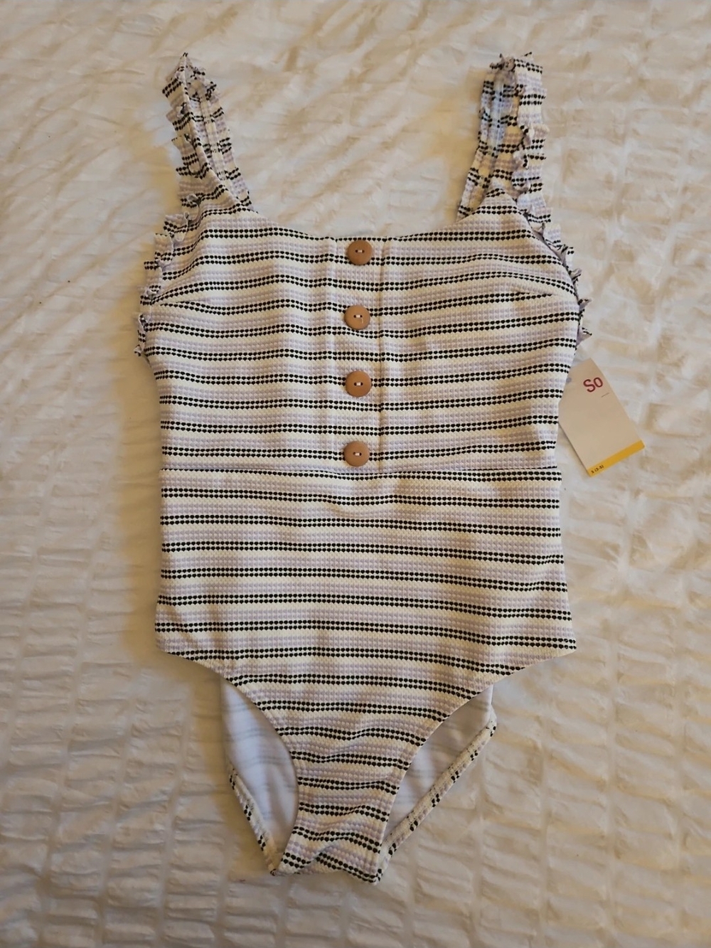 SO Juniors Black and Lavendar White Striped One-Piece Swimsuit with Button Front